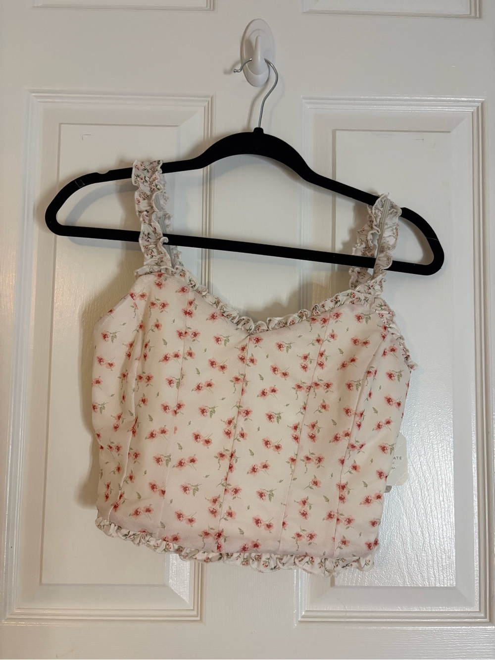 Altar’d State Floral Ruffle Strap Crop Top - White with Pink Roses